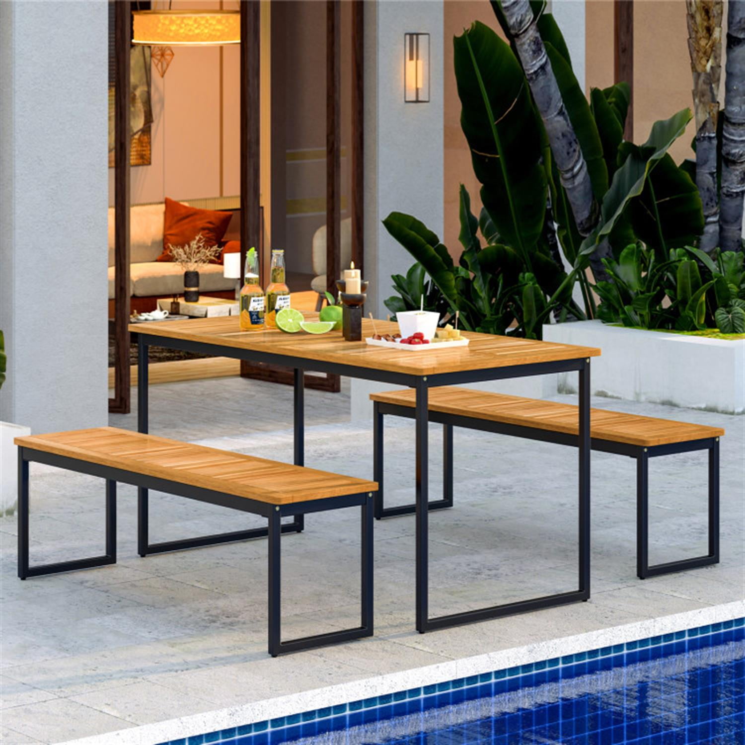 Demi Bonn 2-Piece Patio Outdoor Bench Backless with Slatted Seat and Metal Legs, Dining Bench for Garden Poolside Balcony, Beige