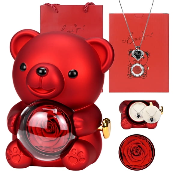 Preserved Red Real Rose with Heart Necklace, Eternal Flowers Rose Bear Gifts for Mom Wife Girlfriend on Mothers Day Birthday Valentines Christmas Anniversary Romantic Gifts for Her