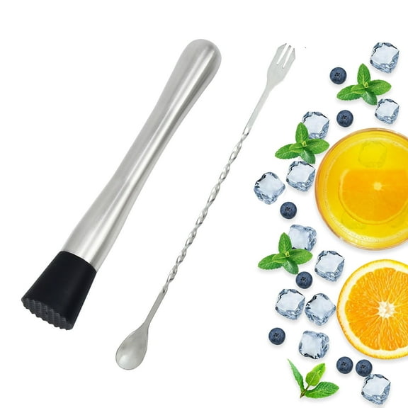 Muddler for Cocktails Bar Spoon - 2PCS 9" Muddler and 10” Mixing Spoon Cocktail Mixing Stirrer, Stainless Steel Bar Accessories Tools Long Drink Stirrer Bartender Gifts for Mojitos Drinks