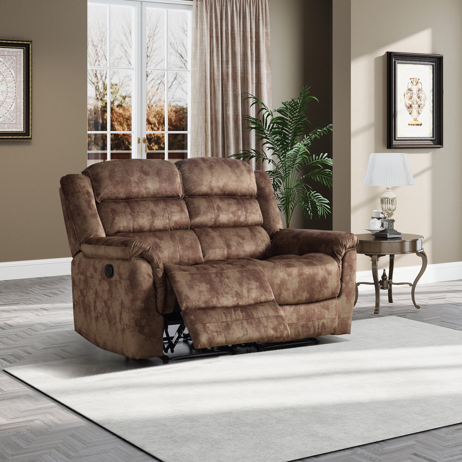 Bonzy Home Cloth Loveseat Recliner Manual Reclining Sofa for Living Room & Meeting Room Brown
