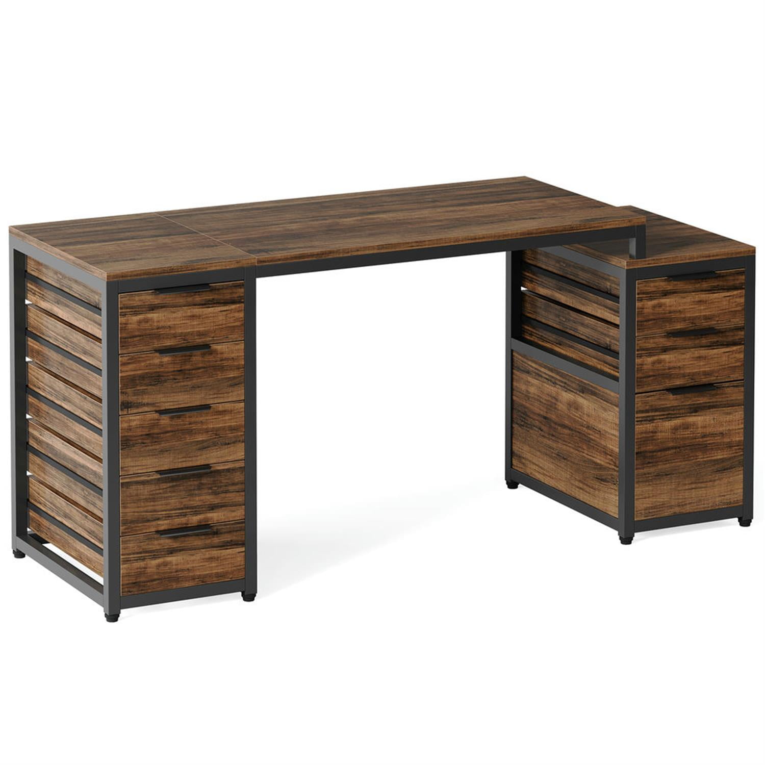 Demi Bonn 63" Computer Desk with File Cabinet and Storage Drawers, Modern Study Writing Gaming Table for Home Office, Brown