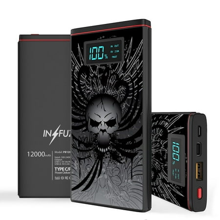 

INFUZE Portable Charger for OnePlus 9 Power Bank (18W Power Delivery USB-C/USB-A Ports 12000mAh Capacity USB Cables with Touch Tool) - Skull Wings