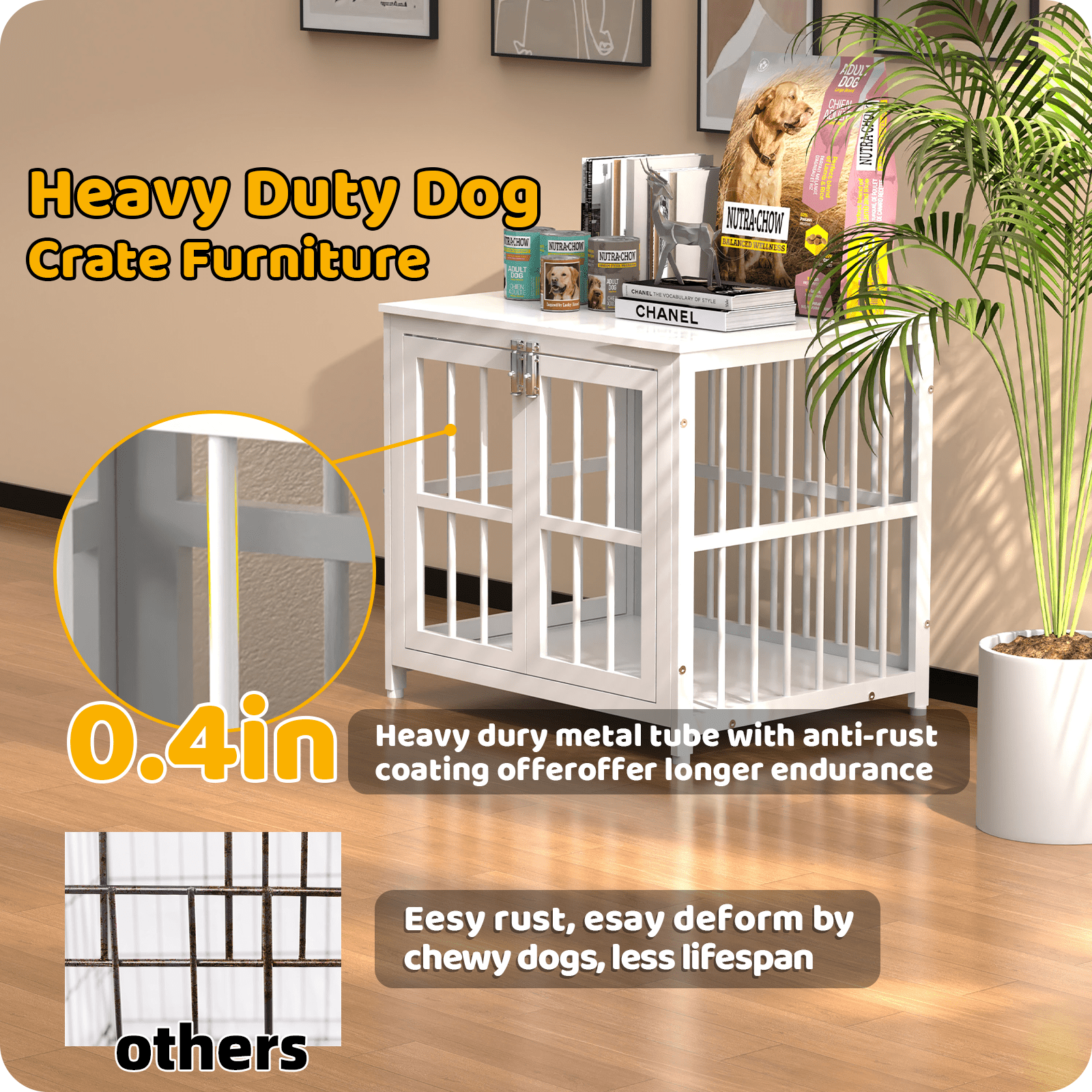 Ironovahome 26" Heavy Duty Dog Crate Furniture, Chew-Proof & Escape-Proof Wooden Dog Cage with Safe Locks & Double Doors, Indoor Dog Kennel Pet House for Small Dogs Up to 10lb, White