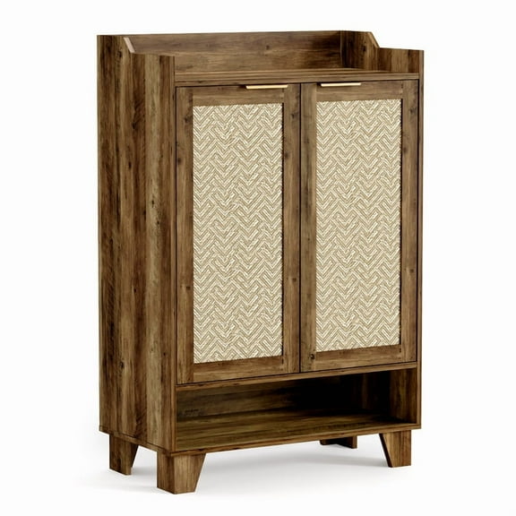 Brown 45 Inch Tall Farmhouse Shoe Storage Cabinet Modern Entryway Shoe Storage With Rattan Door Enclosed Shoe Rack Boho Shoe Cabinet