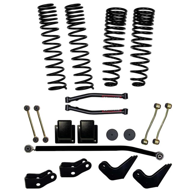 Fits 2020-2023 Jeep Gladiator JT Skyjacker Suspensions Lift Kit Suspension G351PELT 3-1/2 Inch Front Lift; 2 Inch Rear Lift; Black Components