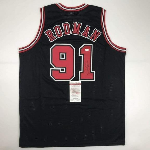 Autographed/Signed Dennis Rodman Chicago Black Basketball Jersey JSA COA