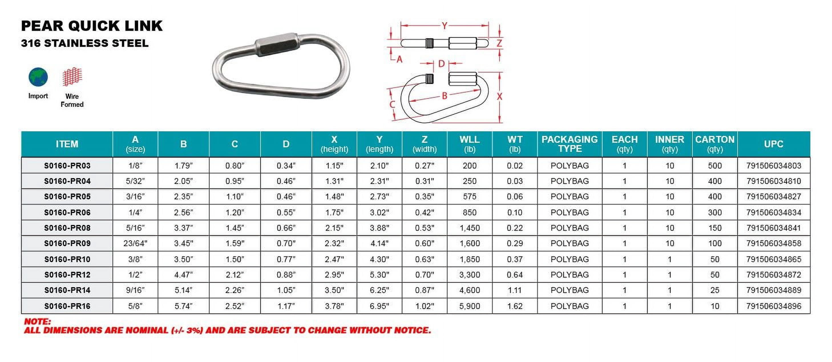 PEAR QUICK LINK 316 STAINLESS STEEL 3/8" (S0160-PR10)