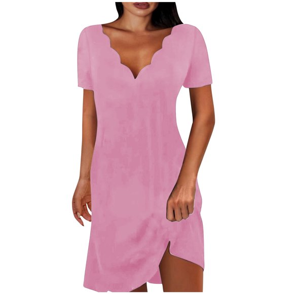 Women's Mini Loose Babydoll Dress Ruffle Sleeve Clothing Solid Color Tops V Neck Elegant Casual Comfy Summer Dresses for Female Pink S