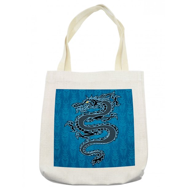 Japanese Dragon Tote Bag, Black Dragon on Blue Tribal Background Year