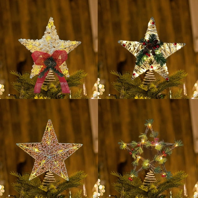 mfyjkho Estrella de hierro forjado para adorno de árbol de Navidad con luces LED - Diseño de copo de nieve en polvo - Fácil instalación con clip - Decoración navideña - 1 pieza