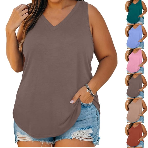 Lonomox Women's Plus Size V Neck Tank Tops Solid Color Sleeveless Curved Hem Tops Casual Everyday Layering Shirts