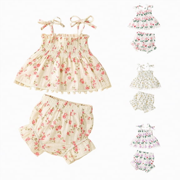 vigerkar Infant Baby Girl Summer Outfits Set Sleeveless Floral Print Smocked Cami Tops Ruffle Shorts 2Pcs Cotton Linen Clothes (Purple, 18-24 Months)