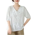 thumbnail image 5 of Luxalzxs Summer Cotton Linen Tunic Tops for Women V-Neck Embroidery Mexican T-Shirts Ethnic Style Loose Solid Color Boho Short Sleeve Tee Blouse, 5 of 5