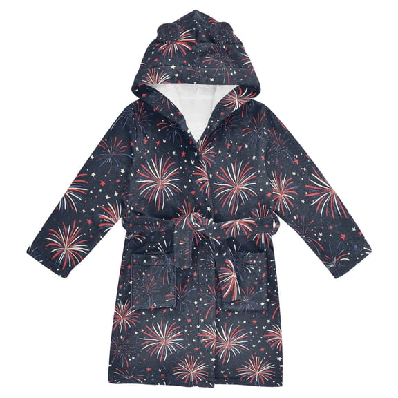 FORMRS Niños Bathrobe Unisex Hooded Robe Soft Plush Pajamas Sleepwear, Size 2-3T, Red and White Fireworks Pattern