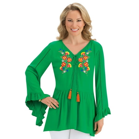 Heaven Embroidered Tunic - Women's Bell Sleeve Floral Embroidered Tassel Rayon Swing Tunic Top, Large, Green