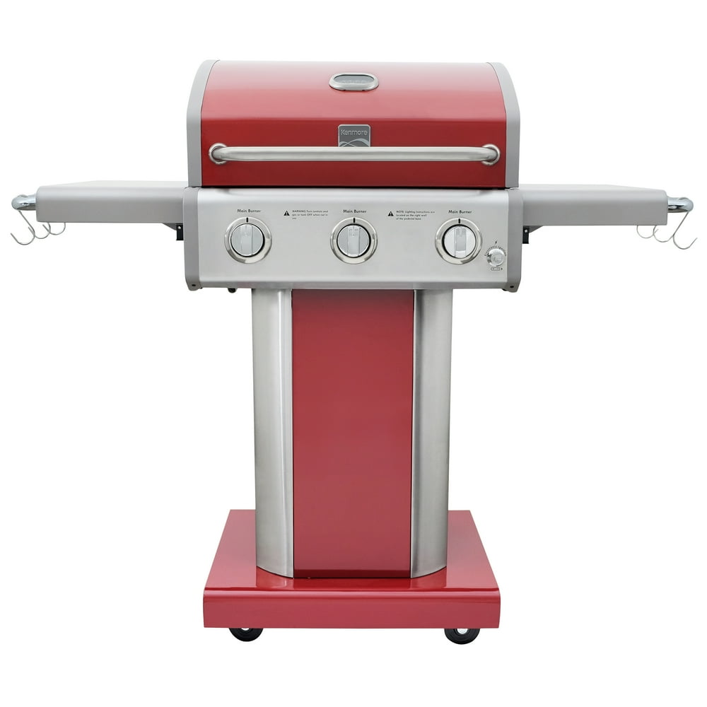 Kenmore 3 Burner Pedestal Gas Grill with Folding Side ShelvesRed
