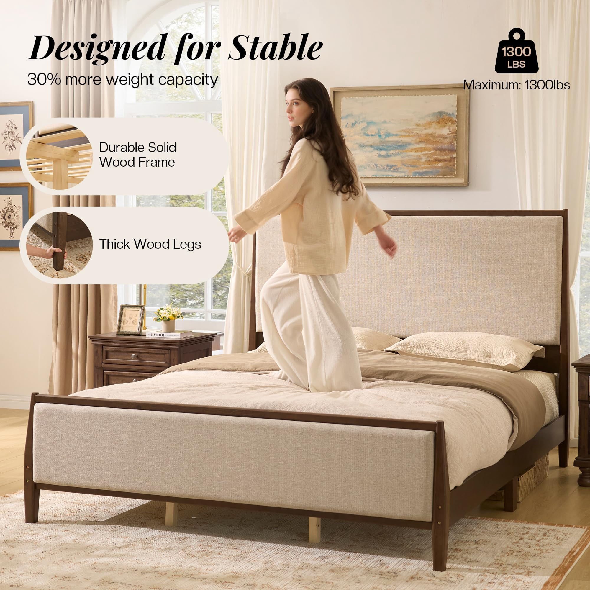 Amerlife 58" Tall Solid Wood California King Size Bed Frame with Upholstered Headboard & Footboard, No Box Spring Needed, Dark Walnut