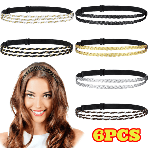 6pcs Boho Headbands for Women, Leather Stretchy Double Non Slip Hair Accessory, Elastic Braided Head Bands