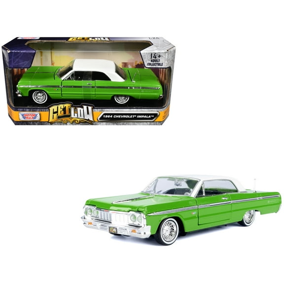 1964 Chevrolet Impala Lowrider Hard Top Green with White Top "Get Low" Series 1/24 Diecast Model Car by Motormax