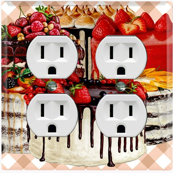 Metal Light Switch Wall Plate Outlet Cover (Layered Chocolate Vanilla Cake Party Berry Fruit - Double Duplex)