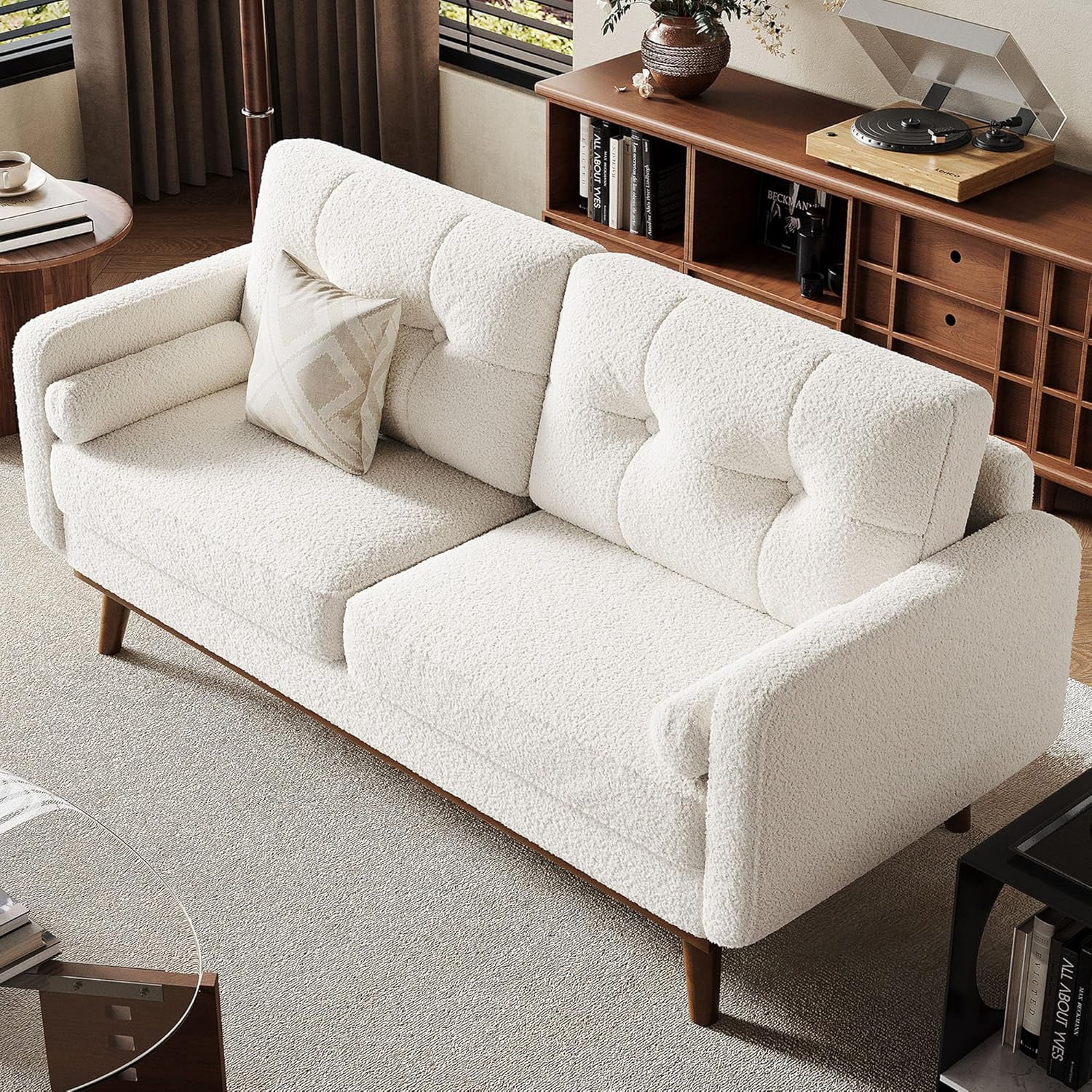 IdealHouse 65" Loveseat Sofa, Mid Century Modern 2-Seater Couch, Teddy Fleece Boucle Upholstered, Deep Seat Love Seat for Living Room, Bedroom, Beige