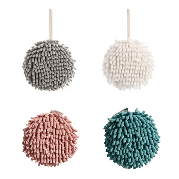 Fuzzy Ball Hand Towels Fluffy Puffin's Towels Ball, Set of 4 Quick-Dry Chenille Plush Towels, 6.8-Inch Hanging Towels for Kitchen & Bathroom, Ultra-Absorbent, Soft, and Decorative