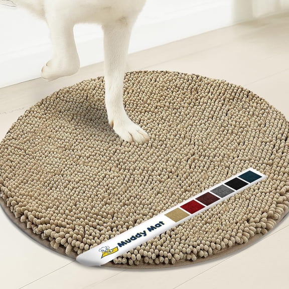 Muddy Mat® Shown on TV – Super Absorbent Microfiber Dog Door Mat for Muddy Paws, Non-Slip Washable Pet Rug, Quick Dry Chenille Entryway Carpet, Machine Washable Indoor Outdoor Mat, Beige Round 4ft