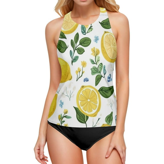 Women's Printed Tankini Top - High Elasticity Slim-Fit Swimsuit with Removable Straps & Cups, Perfect for Beach & Pool Parties，Cute Lemon