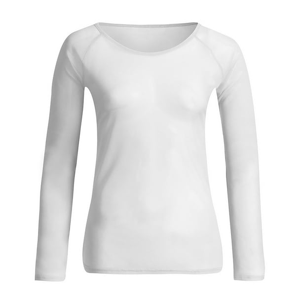 Heliisoer See-Through Women Long Sleeve Seamless Arm Shaper Top Mesh Shirt  Blouse 