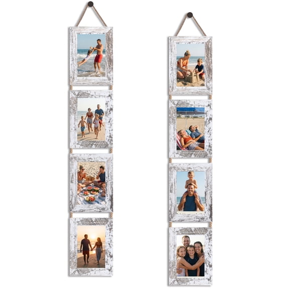 4x6 Hanging Collage Picture Frames Set of 2, 8 Opening Vertical Frame Made to Display 4 by 6 Inch Photo for Wall Decor, Distressed White