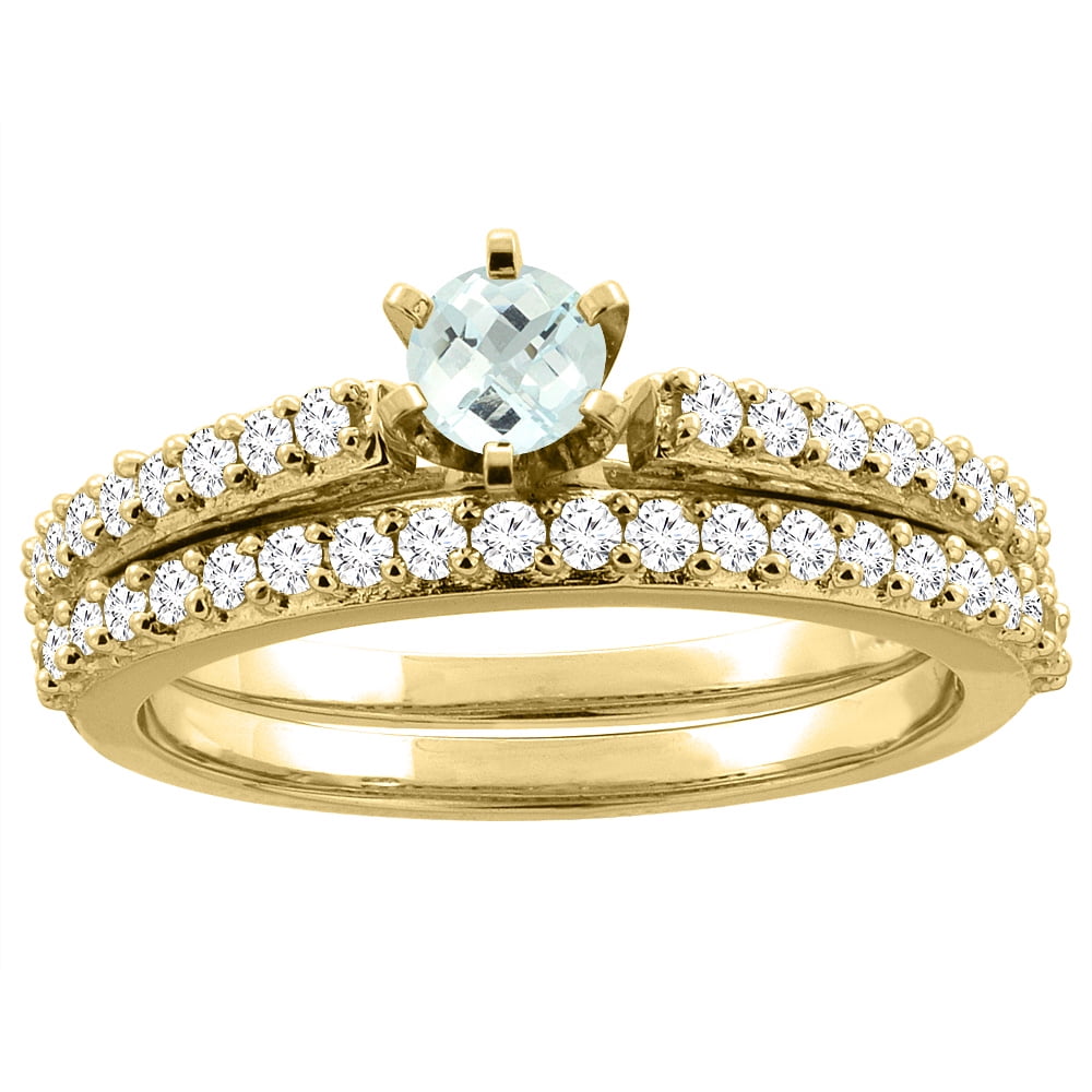 14K Yellow Gold Natural Aquamarine 2-piece Bridal Ring Set Round 4mm, size 5 by Gabriella Gold