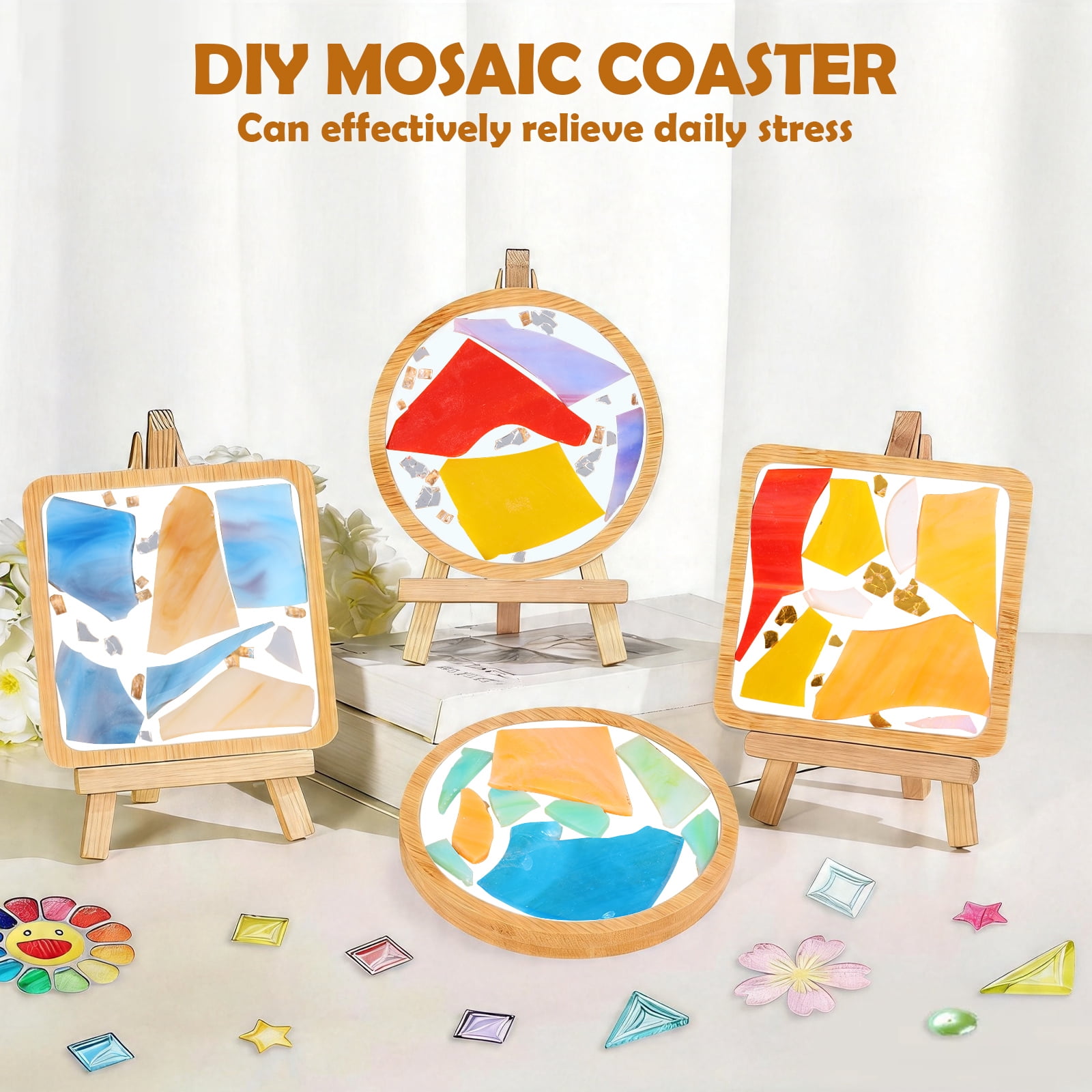 Austok 4 Pcs DIY Mosaic Kit for Adult Glass Tile for Craft with Bamboo Cup Pad for Women Mixed Color Mosaic Art Craft Cup Mat Project Handmade Making Kit Set for Home Decor Present