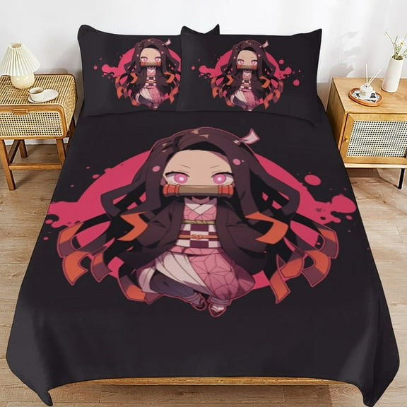 Demon Slayer 3 Pieces Bedding Set 3D Printed Lightweight Bed Quilt Set Comforter Cover Set for Girls Kids Teens, 1 Quilt Cover 2 Pillowcases 86"x70"