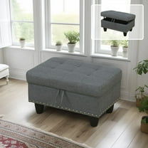 Grey Linen Storage Ottoman with Nailhead Trim