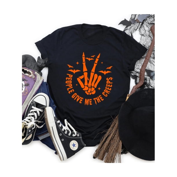 Halloween T-Shirt - Halloween Skull Hand Print T-shirt, Short Sleeve Crew Neck Casual Top For Summer & Spring, Women's Clothing