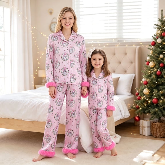 AIGUR Family Matching Christmas Pajama Set Mommy and Me Matching Pajamas Santa Wreath Print Button Down Long Sleeve Lapel Tops Pants Family Satin Sleepwear