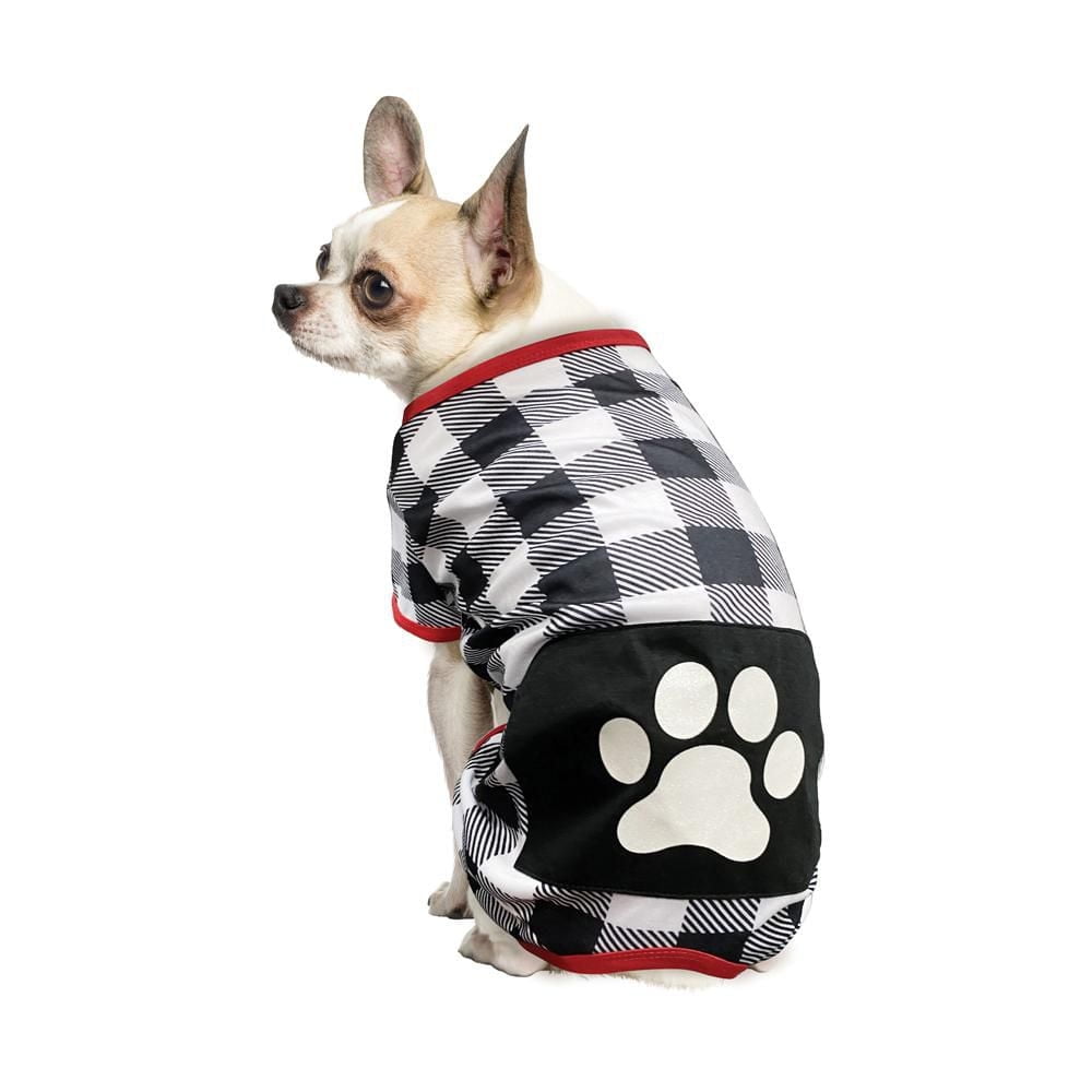 Way to Celebrate Dog Clothes: Knit Jersey Pajama for Dogs, Black & White Plaid with Paw Print Screenprint, Size XS-XL
