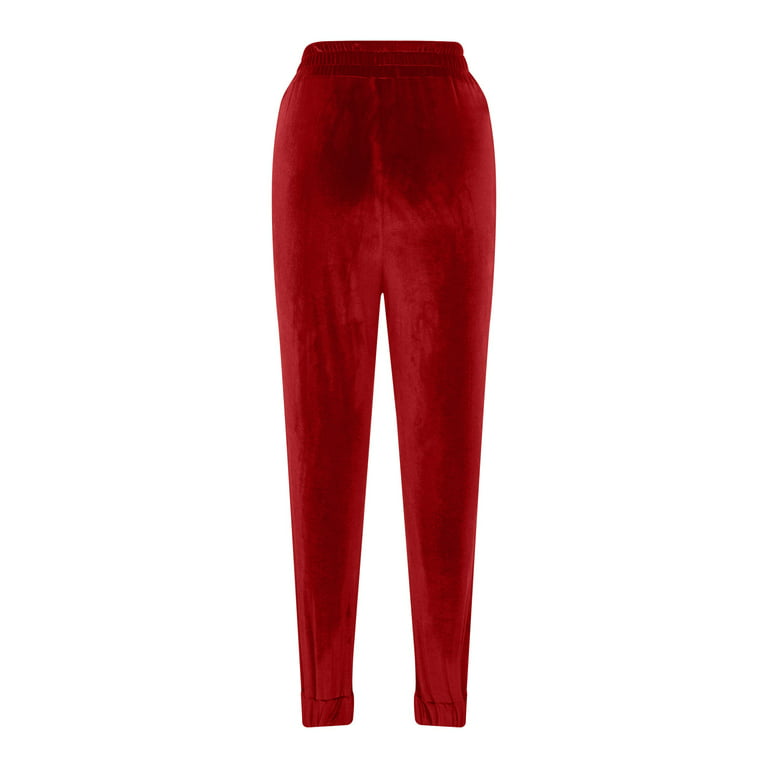 XFLWAM Womens Elastic High Waist Gold Velvet Trousers Casual Baggy  Sweatpants Comfort Lounge Joggers Pants with Pockets Red S 