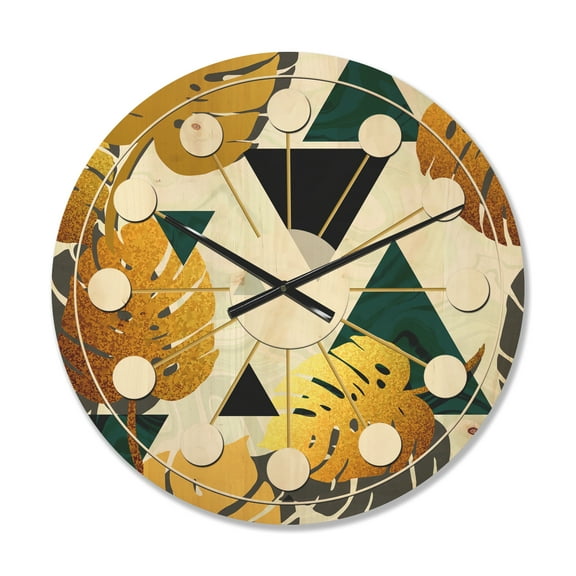 Designart 'Retro Golden Foliage V' Mid-Century Modern Wood Wall Clock