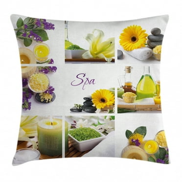 Spa Decor Throw Pillow Cushion Cover, Yellow Happy Peaceful Spa Day with Flowers Candles and Herbal Oils, Decorative Square Accent Pillow Case, 24 X 24 Inches, Yellow Purple and White, by Ambesonne