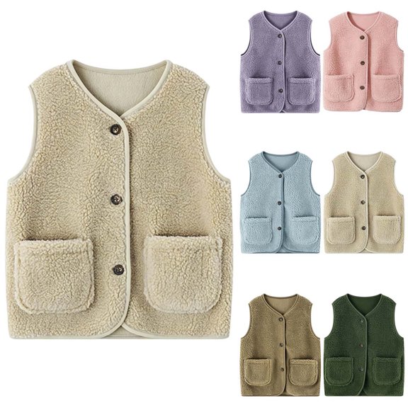 LWFFDAW Boys Girls Sherpa Vest Casual Warm Fuzzy Faux Shearling Vest Sleeveless Fleece Jacket Pockets Teddy Coat Gilet for Winter 6-7 Years