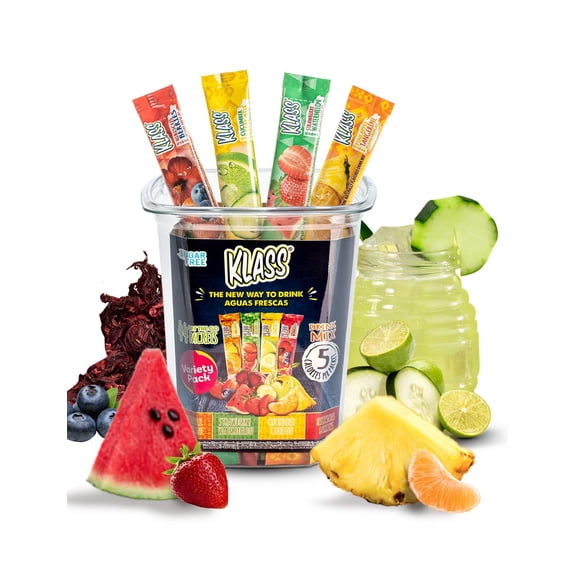 Klass Aguas Frescas Powdered Drink Mix SMR| 44 Sugar Free Powder Packets | Flavors - Cucumber Limeade Pineapple Tangerine Strawberry Watermelon & Hibiscus Berries - Water Enhancer To Go!
