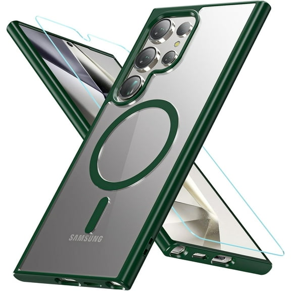 Magnetic for Samsung Galaxy S24 Ultra Case [Compatible with MagSafe], Shockproof Military Grade with Screen Protector, Transparent Back Slim Bumper Cover Phone Case Samsung S24 Ultra -Green