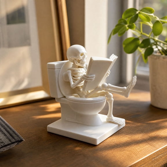 Ghost Skeleton Reading on Toilet Figurine, Funny Printed Desk Ornament, Spooky Bathroom Counter Statue for Shelf, Nightstand, Office Desk, Halloween Home Decor