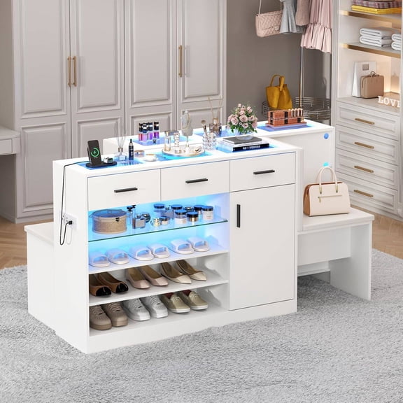 Modern Wardrobe Armoire Closet with Charging Station & LED Light, Glass Showcase, 3 Drawers and Door