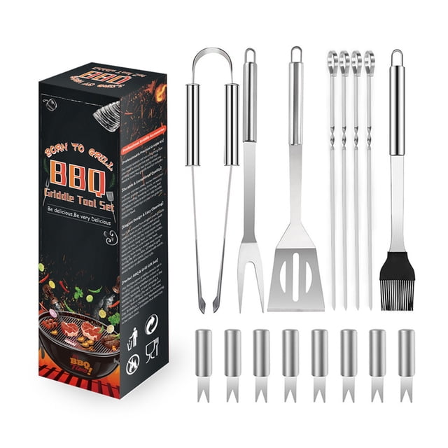Ensemble d'Outils pour BBQ en Acier Inoxydable, Comprend Fourchettes, Pelles et Brosses, Durable et Résistant à la Corrosion, Poignées Ergonomiques, Conception Légère et Portable, Facile à Nettoyer, 14.17"x4.33"x3.15 Pouces, 1.32 Lb