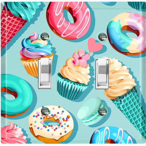 Metal Light Switch Plate Cover Colorful Doughnut Cupcake Ice Cream Collage Teal CAK042