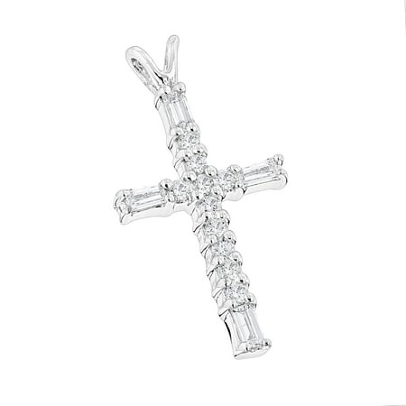 - Ladies 14K Baguette & Round Natural 0.3 Ctw Diamond Cross Necklace For Women (White Gold)