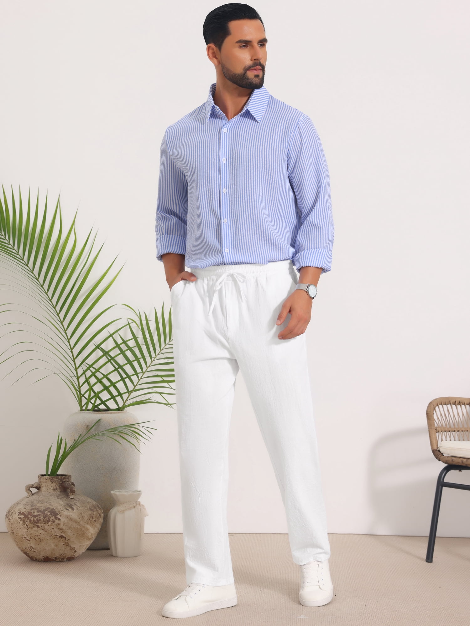 DARING DIVA Men's Beach Pants Drawstring Waist Breathable Summer Linen Pants 34 White