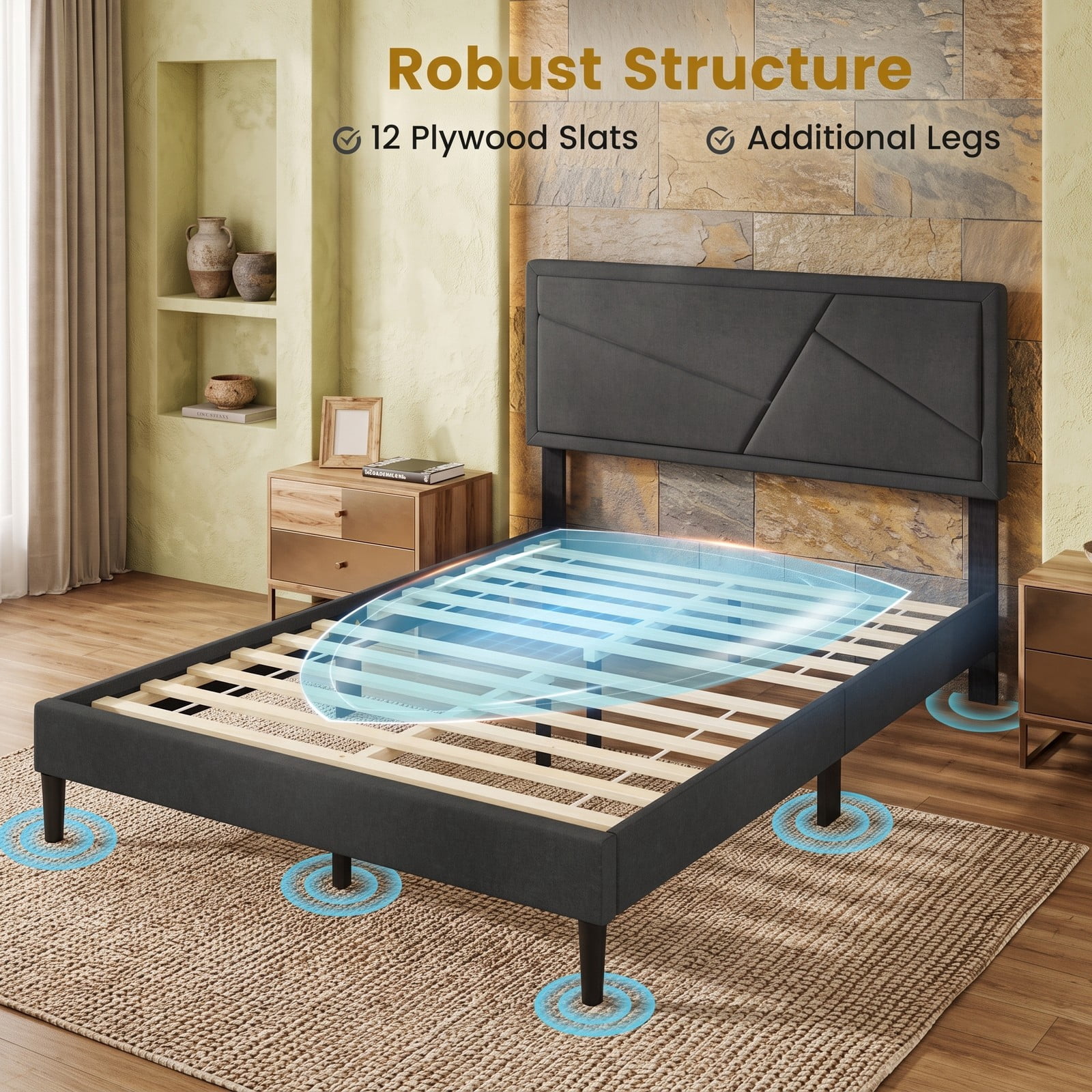 Furnibear Queen Size Bed Frame Upholstered Platform Bed Frame with High Headboard and 12 Plywood Slats for Modern Bedroom, Dark Gray